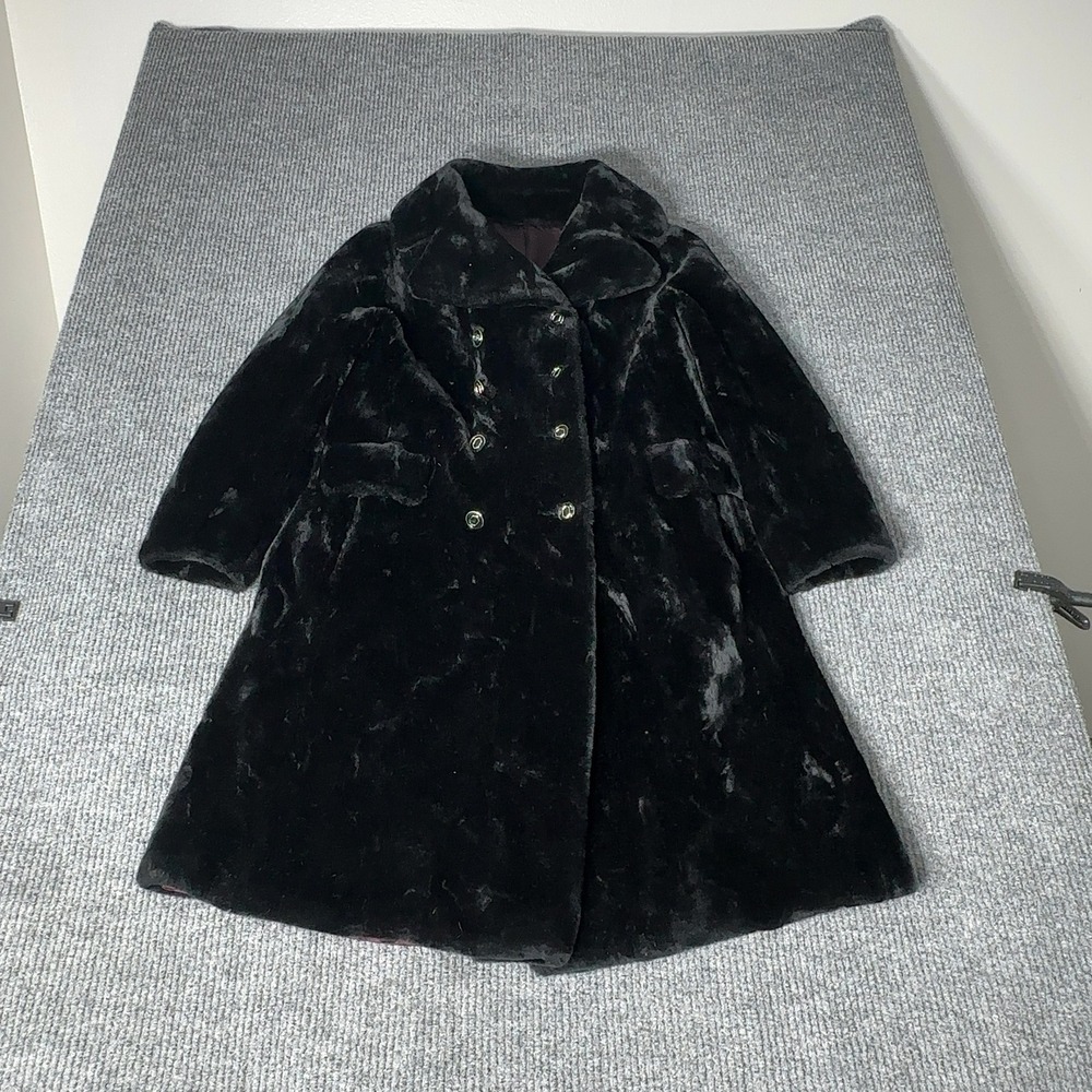 Vintage Sportowne Borgazia Coat Womens 14 Black Faux Fur‎ Double Breasted Long